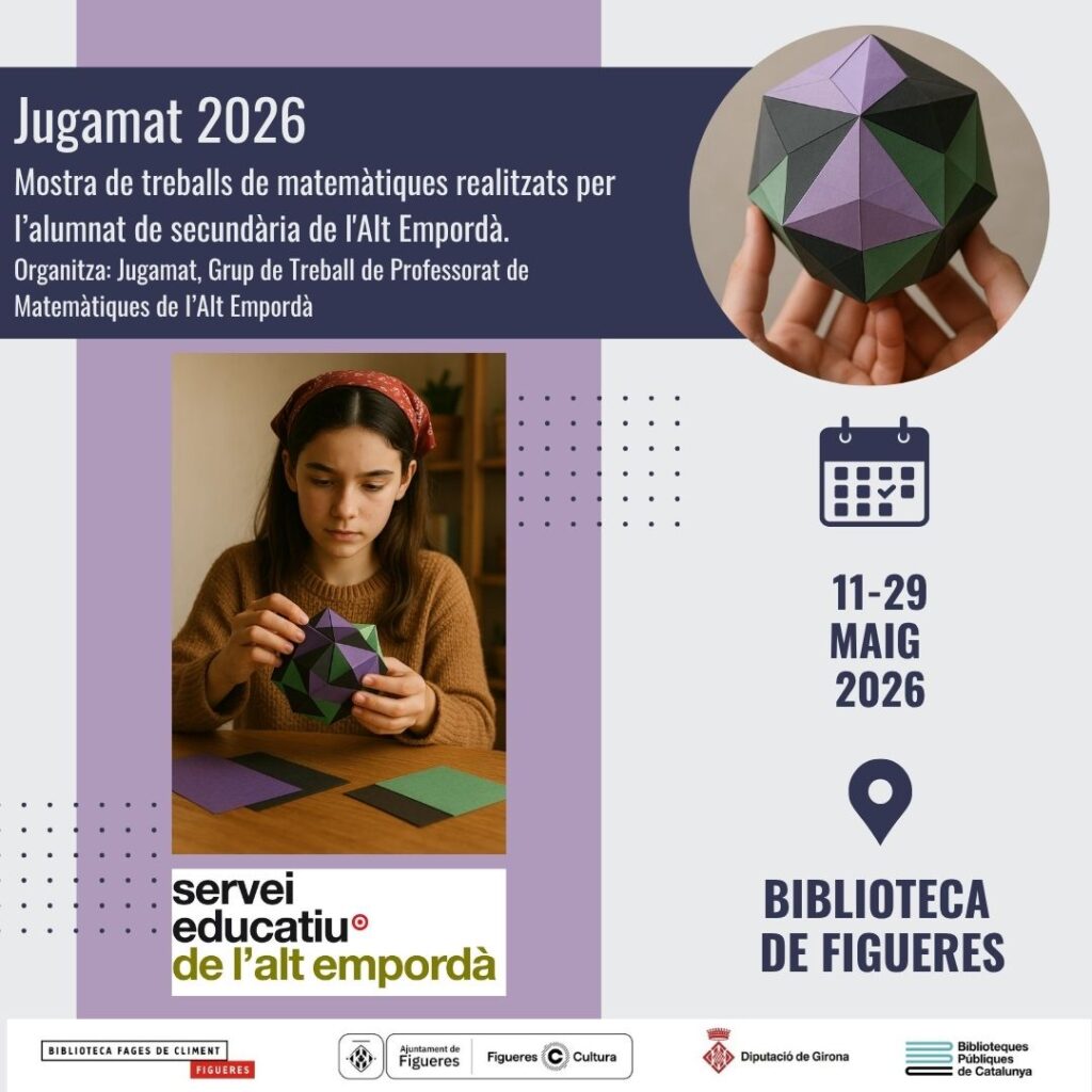 Mostra de treballs de matemàtiques. De l'11 al 29 de maig de 2026 a la Bibiloteca Fages de Climent de Figueres.