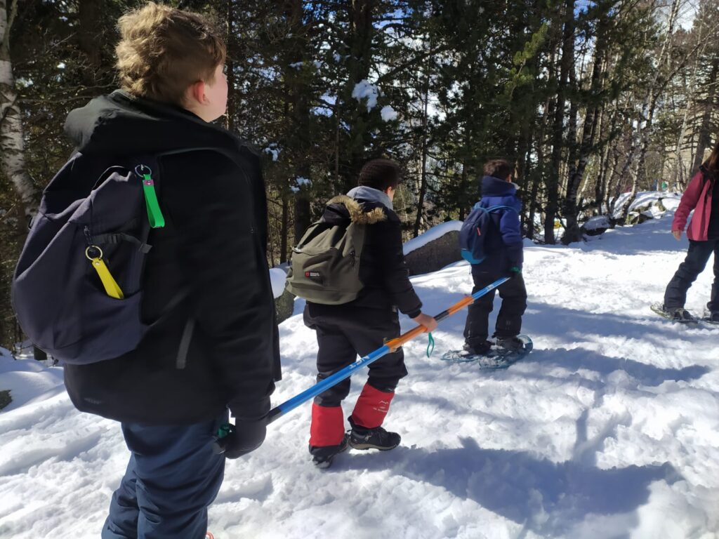 alumne invident caminant sobre de la neu amb l'ajuda de la barra direccional
