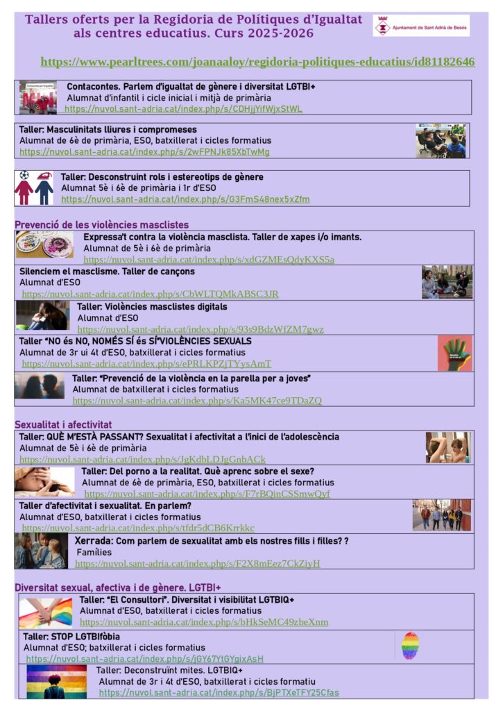 Oferta de Tallers de la Regidoria de Polítiques d’Igualtat als centres educatius.